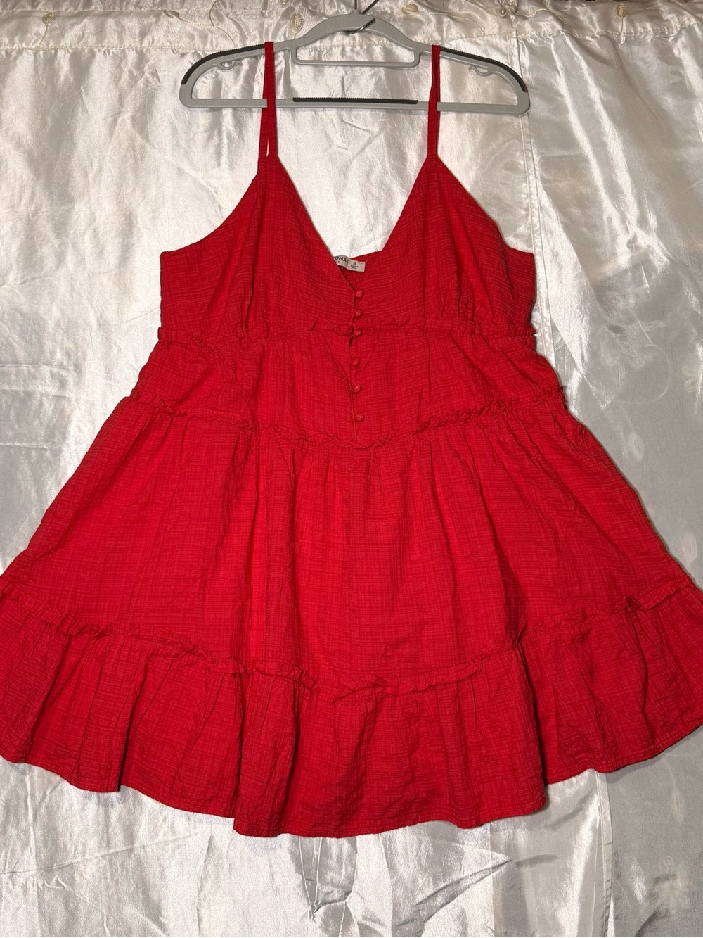 Arizona Red Spaghetti  Strap Smocked Ruffle A-Line Mini Dress XL Lined W/buttons